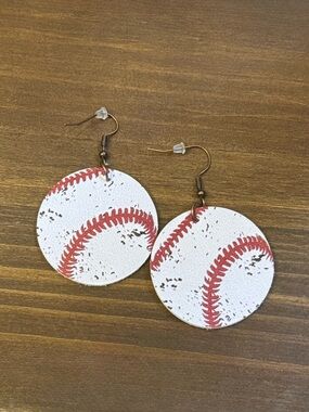 Baseball Print Round Dangle Earrings - White & Red